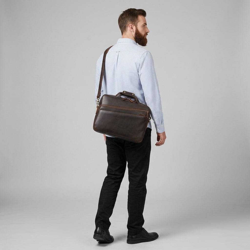 Men’s Leather Computer Briefcase — worn on the shoulder by a man in a light blue shirt, back view