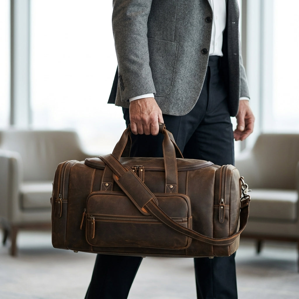 Men's Leather Travel Duffle Bag - lifestyle shot holding handle indoors