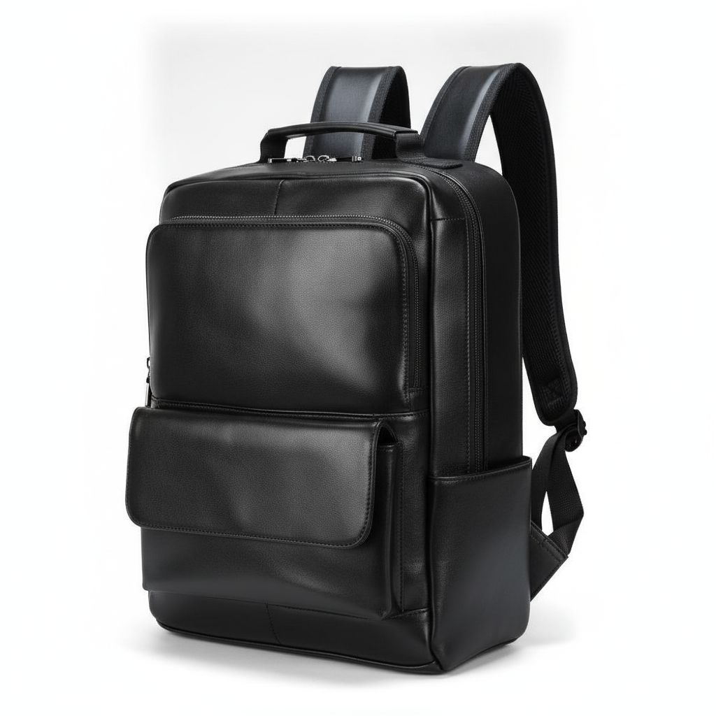 Black Genuine Leather Laptop Backpack — three-quarter side view