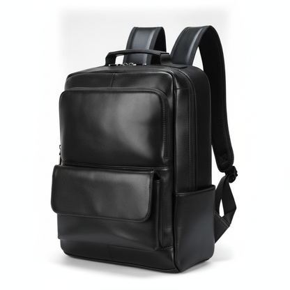 Black Genuine Leather Laptop Backpack — three-quarter side view