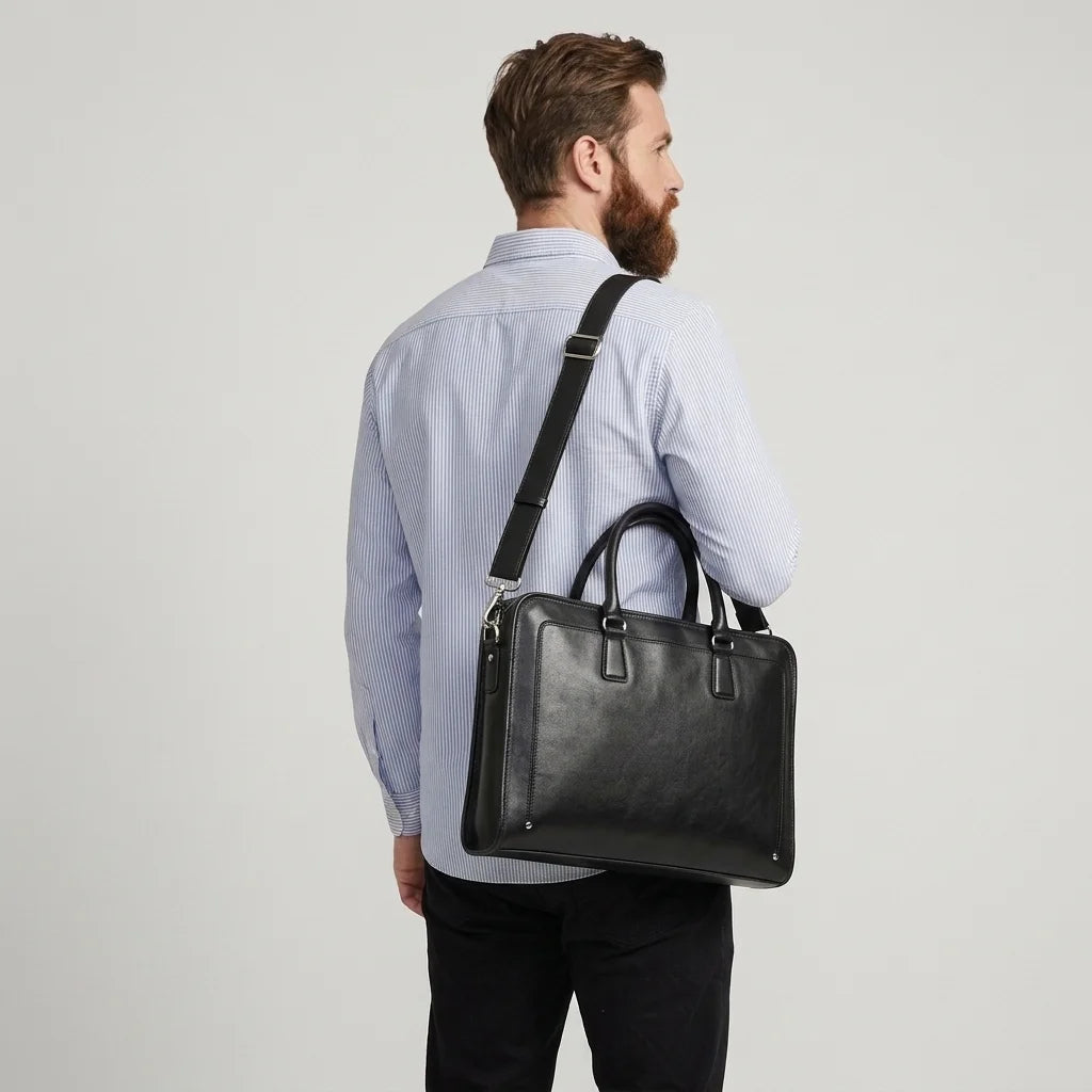 Men's Smooth Black Leather Laptop Briefcase — worn on the shoulder by a man in a light blue shirt, back view