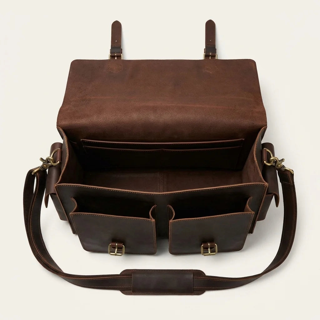 Structured Leather Business Briefcase — flap open showing empty compartments