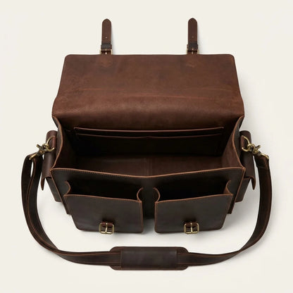 Structured Leather Business Briefcase — flap open showing empty compartments