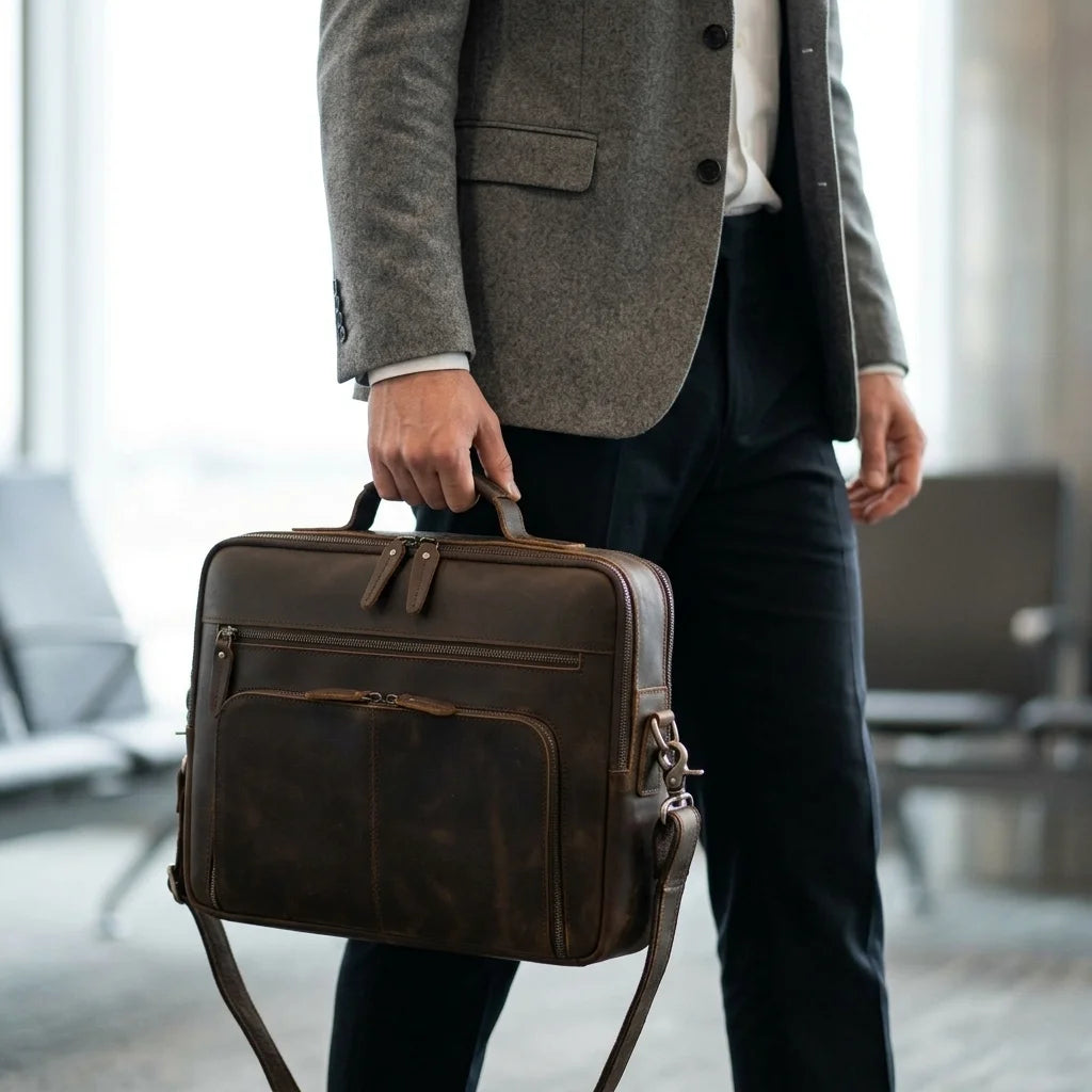 Men's Leather Laptop Briefcase with Dual Front Zip Pockets — carried by the handle by a man in a grey blazer