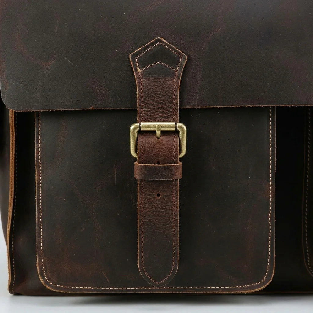 Structured Leather Business Briefcase — close-up of buckle strap and front pocket stitching