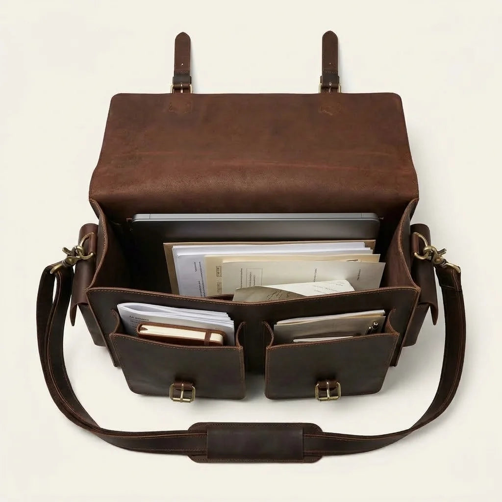 Structured Leather Business Briefcase — flap open with documents, folders and cards inside