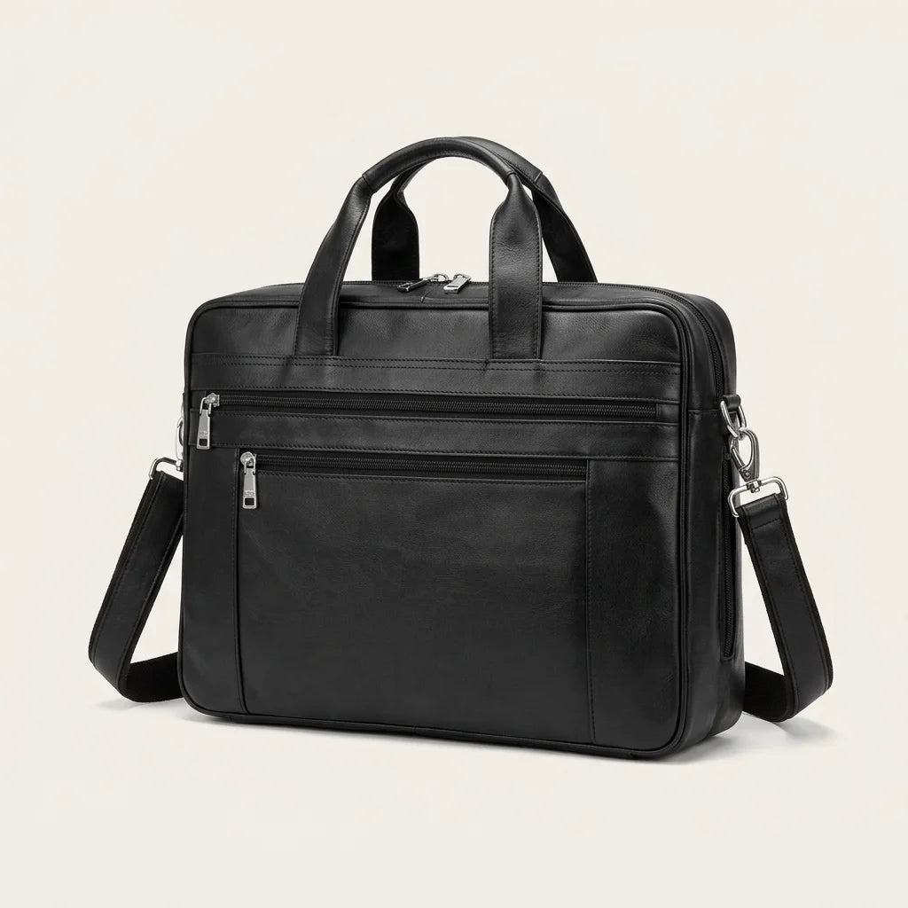 Men's Business Leather Briefcase Bag — three-quarter view with shoulder strap