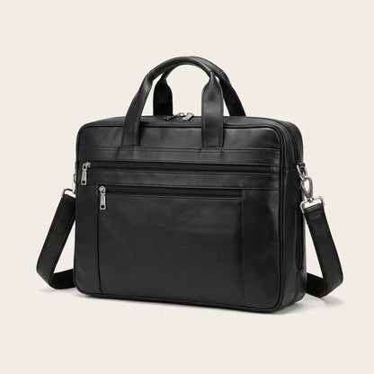 Men's Business Leather Briefcase Bag — three-quarter view with shoulder strap