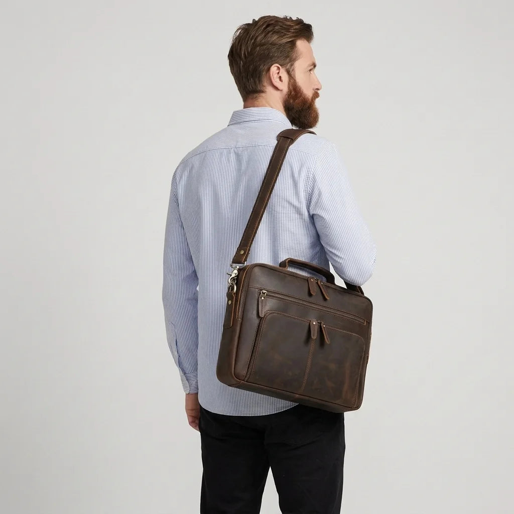 Men's Leather Laptop Briefcase with Dual Front Zip Pockets — on the shoulder of a man in a light blue shirt