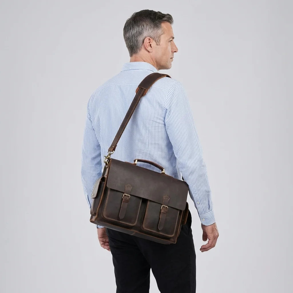 Structured Leather Business Briefcase — worn on the shoulder by a grey-haired man in a blue shirt, back view