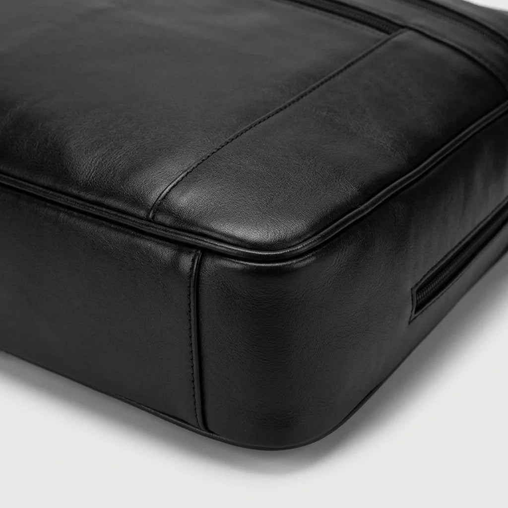 Men's Business Leather Briefcase Bag — close-up of smooth leather and base seam