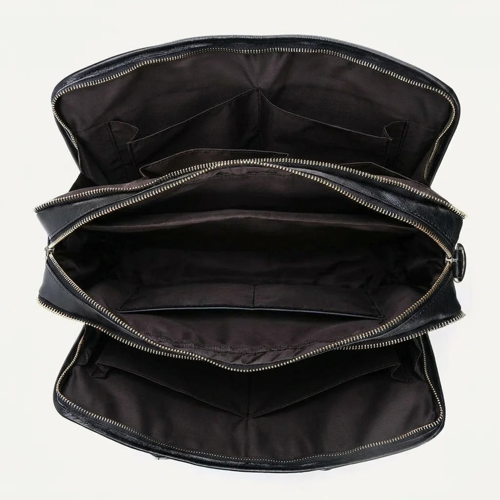 Men's Smooth Black Leather Laptop Briefcase — open from above, empty compartments