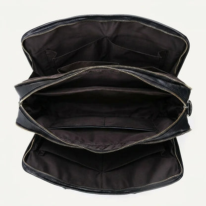 Men's Smooth Black Leather Laptop Briefcase — open from above, empty compartments