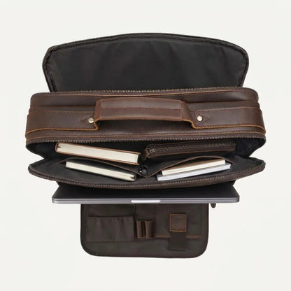 Men's Leather Laptop Briefcase with Dual Front Zip Pockets — opened out with laptop and notebooks inside