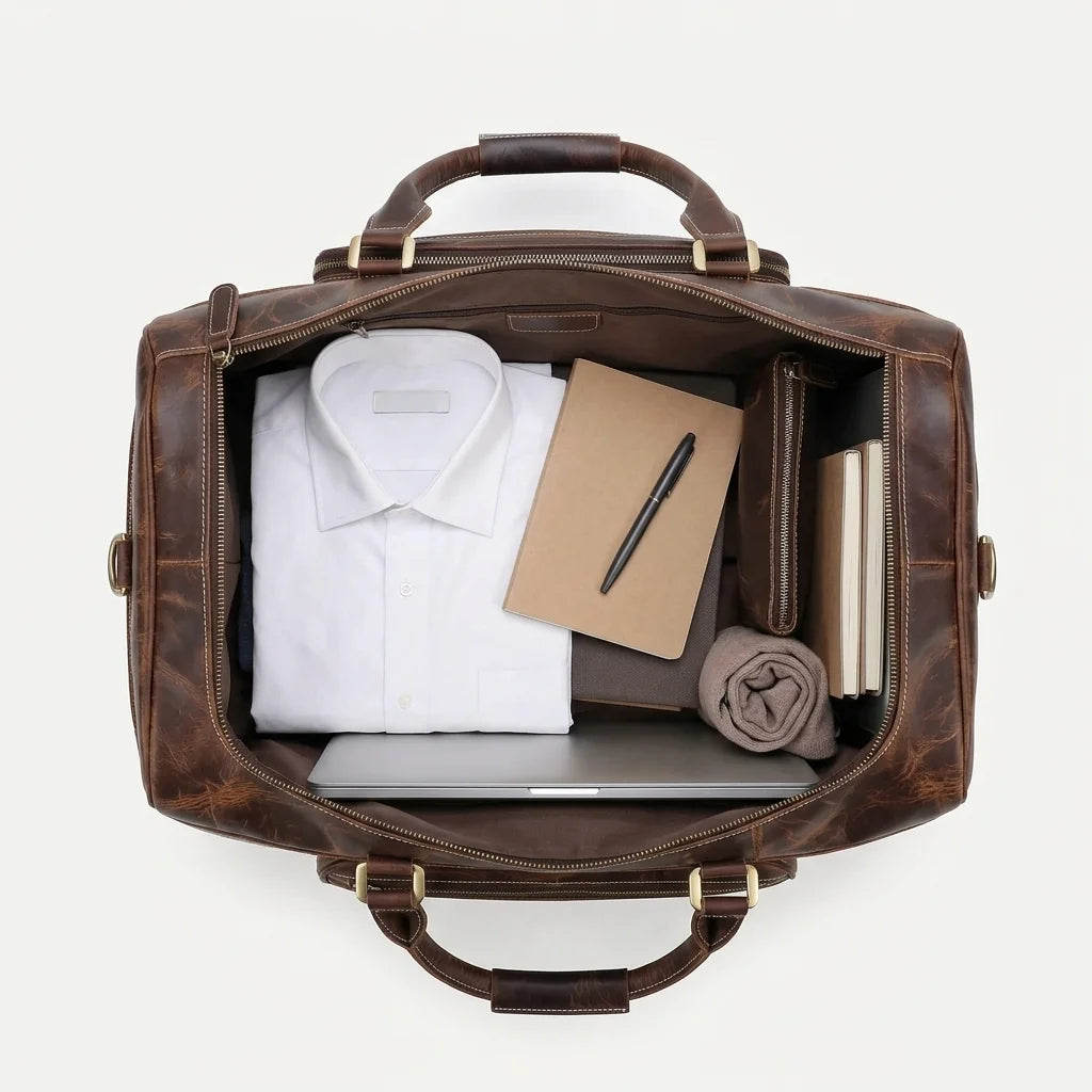 Genuine Leather Duffle Ba - luxury, premium, open, flat-lay