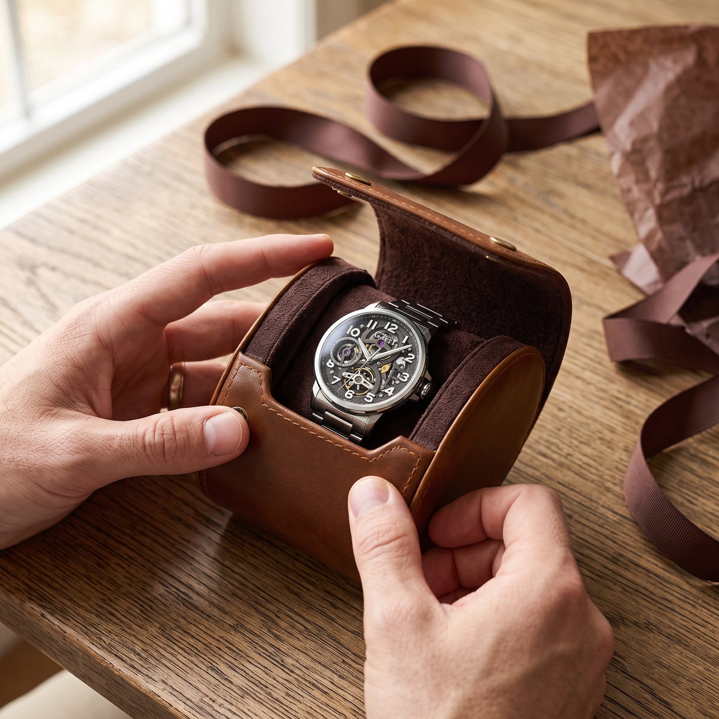 holding open watch box with watch inside
