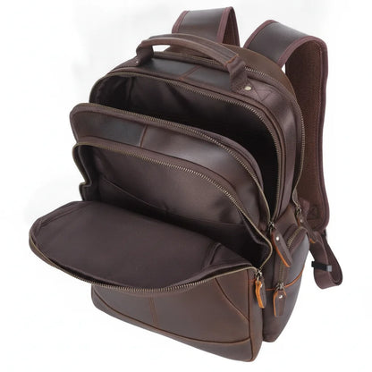 Leather Commuter Laptop Backpack — open compartments, empty