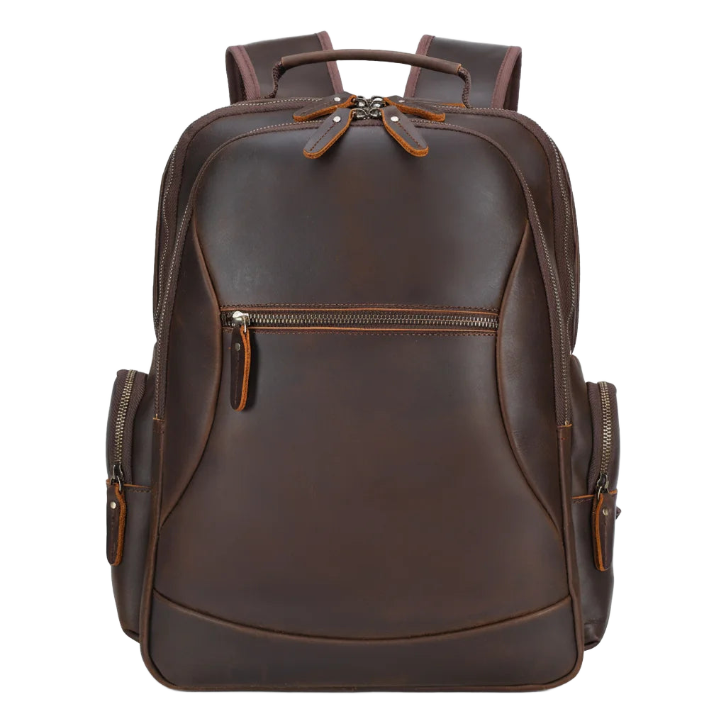 Leather Commuter Laptop Backpack — front view in Dark Brown with zip pocket and side pockets