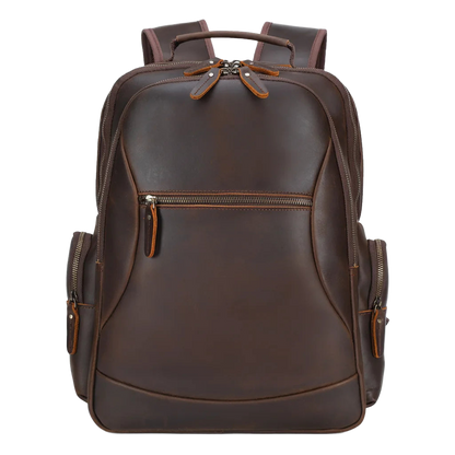 Leather Commuter Laptop Backpack — front view in Dark Brown with zip pocket and side pockets
