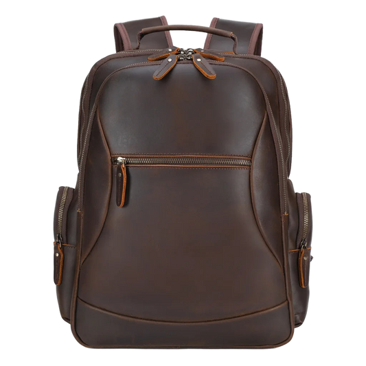 Leather Commuter Laptop Backpack — front view in Dark Brown with zip pocket and side pockets