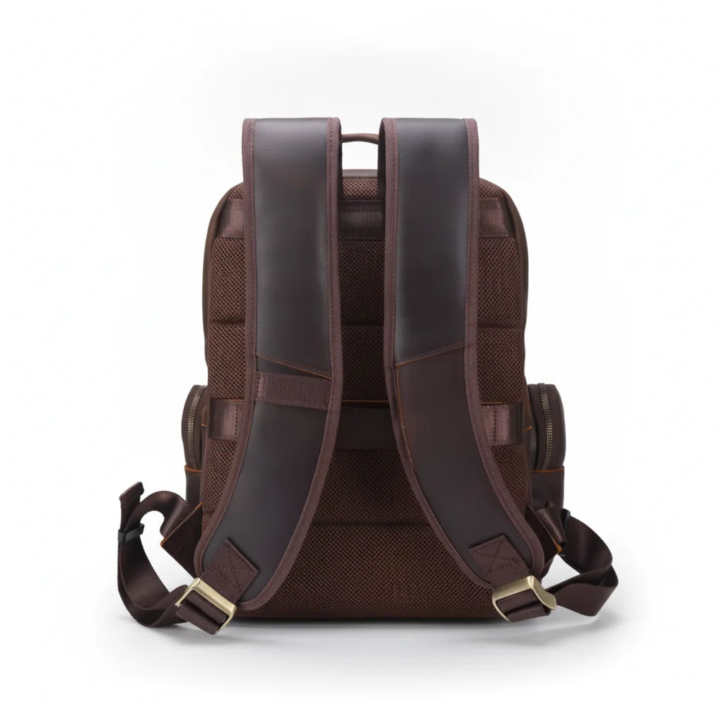 Leather Commuter Laptop Backpack — back panel with padded shoulder straps