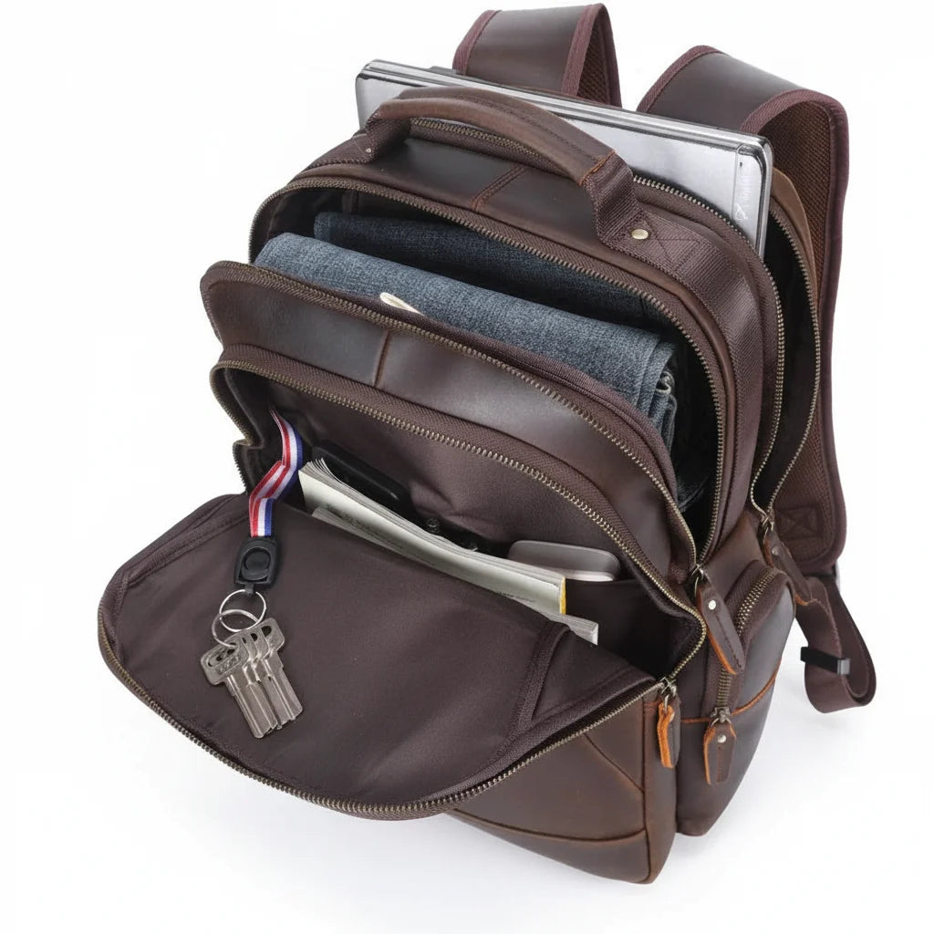 Leather Commuter Laptop Backpack — open compartments with laptop, scarf, papers and keys