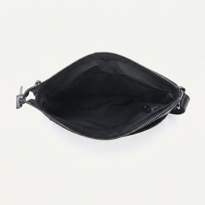 Men's Slim Black Leather Crossbody Bag — open top, interior empty