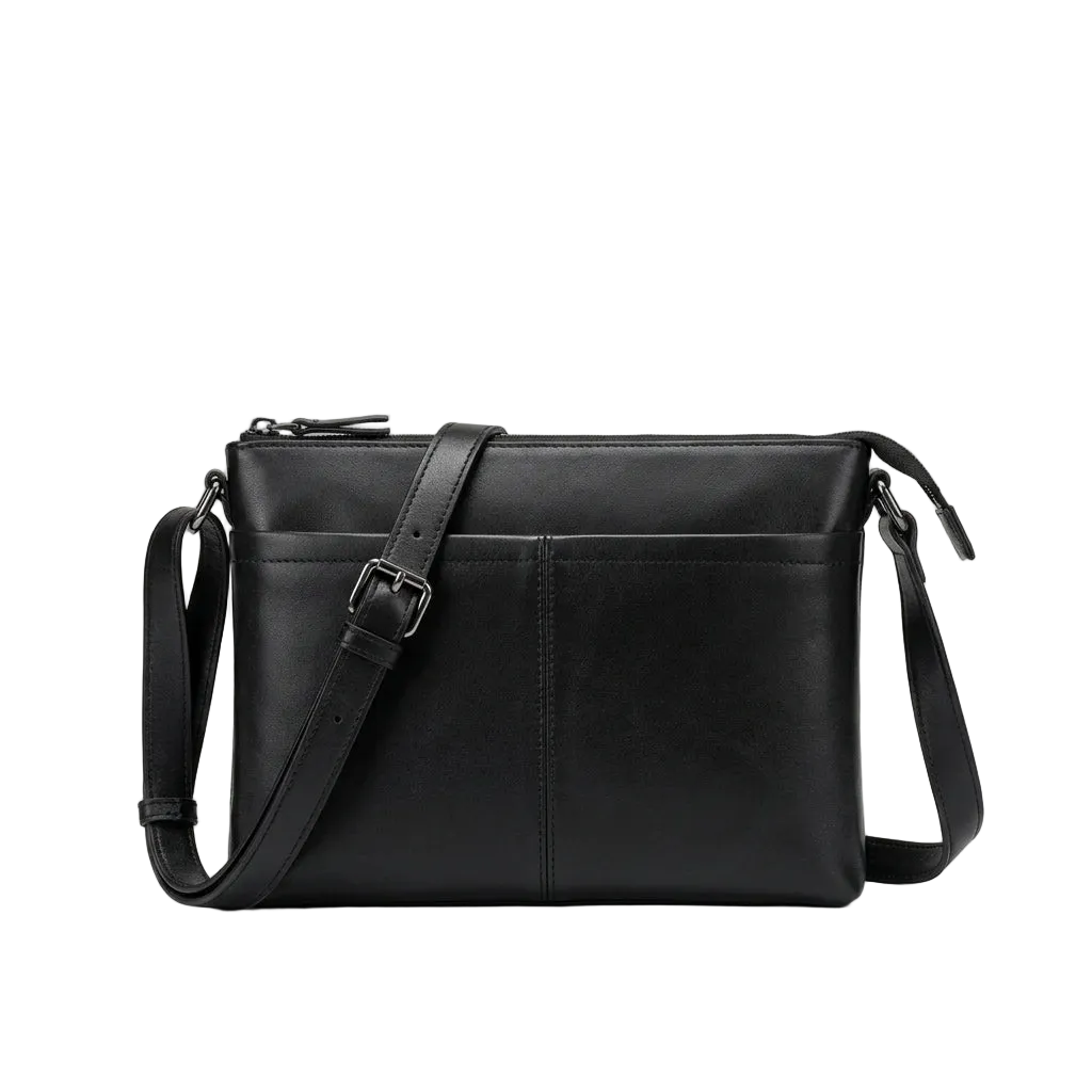 Men's Slim Black Leather Crossbody Bag — front view in Black with shoulder strap