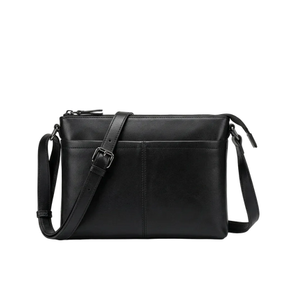 Men's Slim Black Leather Crossbody Bag — front view in Black with shoulder strap