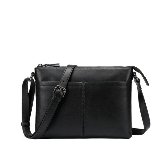 Men's Slim Black Leather Crossbody Bag — front view in Black with shoulder strap
