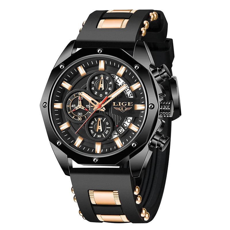 LIGE VOROS men’s quartz chronograph watch in black and gold with multi-function subdials, tachymeter bezel, and durable silicone strap for modern style.