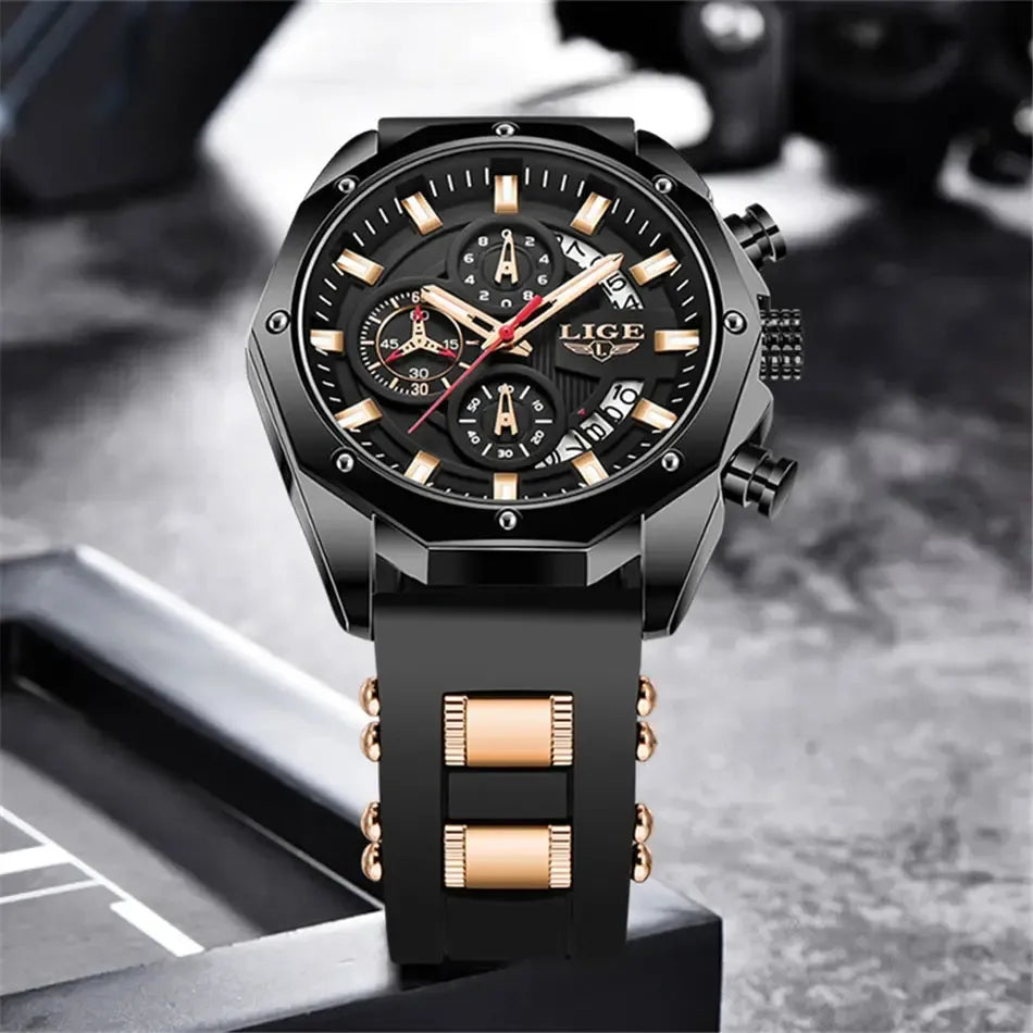Close-up of LIGE VOROS black chronograph watch with rose gold details and silicone strap, emphasizing dial precision and high-end metallic finishing.