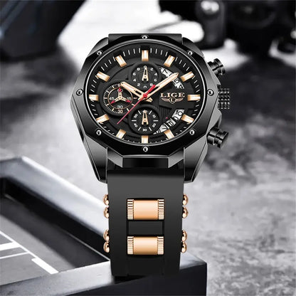 Close-up of LIGE VOROS black chronograph watch with rose gold details and silicone strap, emphasizing dial precision and high-end metallic finishing.