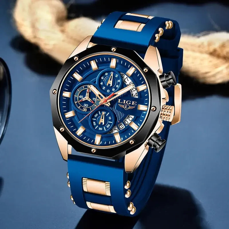 LIGE VOROS black and gold men’s chronograph watch displayed on a flat surface, highlighting its refined craftsmanship and luxury sports design.