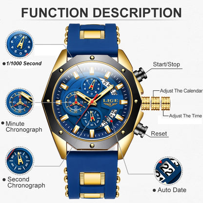 LIGE VOROS men’s quartz chronograph watch with blue dial and gold accents, featuring three subdials and black bezel for a bold contemporary aesthetic.