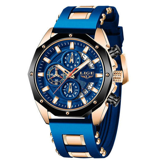 Front view of the LIGE VOROS men’s blue chronograph watch with gold highlights, tachymeter bezel, and luminous hands designed for elegance and performance.