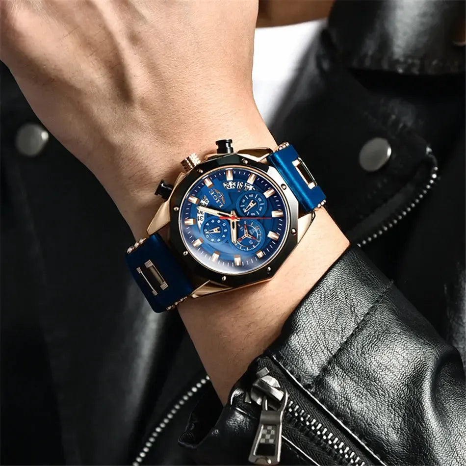 LIGE VOROS blue and gold men’s chronograph watch worn on wrist with leather jacket, showcasing a stylish modern design with precision quartz movement.
