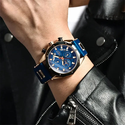 LIGE VOROS blue and gold men’s chronograph watch worn on wrist with leather jacket, showcasing a stylish modern design with precision quartz movement.