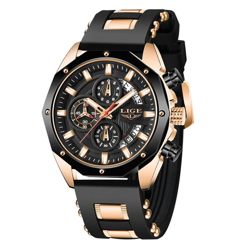 LIGE VOROS rose gold men’s chronograph watch with black dial, luminous hands, and black silicone strap, combining luxury design with everyday durability.