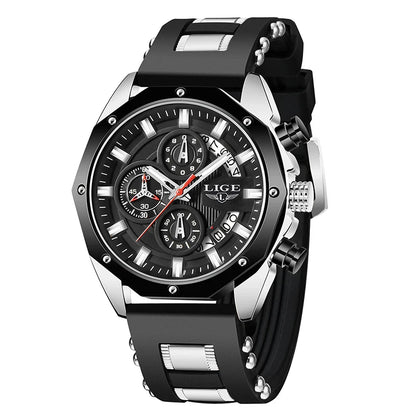 LIGE VOROS men’s chronograph watch with silver and black accents, featuring a precision quartz movement and date display for an elegant yet sporty look.
