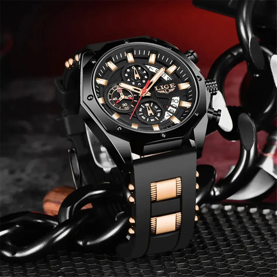 LIGE VOROS men’s chronograph watch with silver bezel and black silicone strap, photographed on a minimalist background to emphasize its modern design.