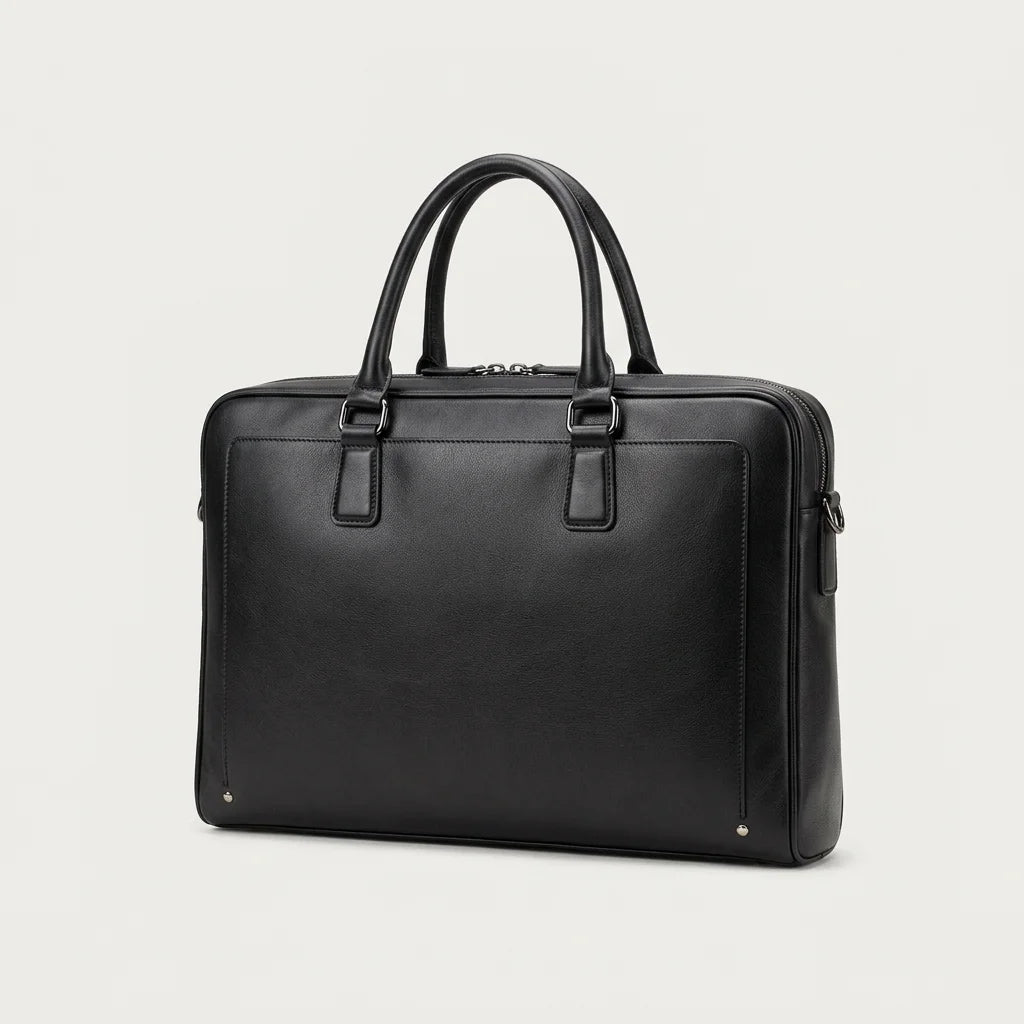 Men's Smooth Black Leather Laptop Briefcase — three-quarter view with twin top handles