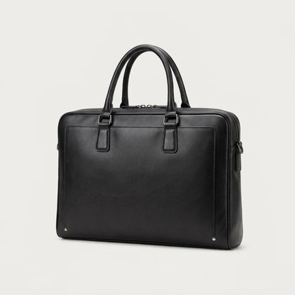 Men's Smooth Black Leather Laptop Briefcase — three-quarter view with twin top handles