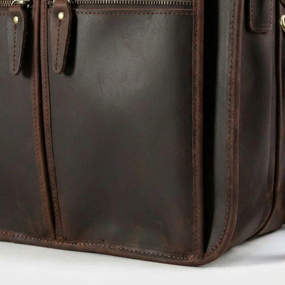 Men's Crazy Horse Leather Briefcase for 17.3-Inch Laptop — close-up of front pocket zip pulls and stitching