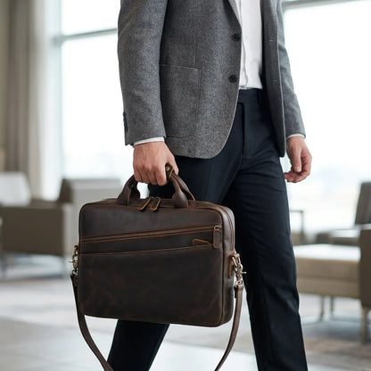 Men’s Leather Computer Briefcase — carried by the top handle by a man in a grey blazer