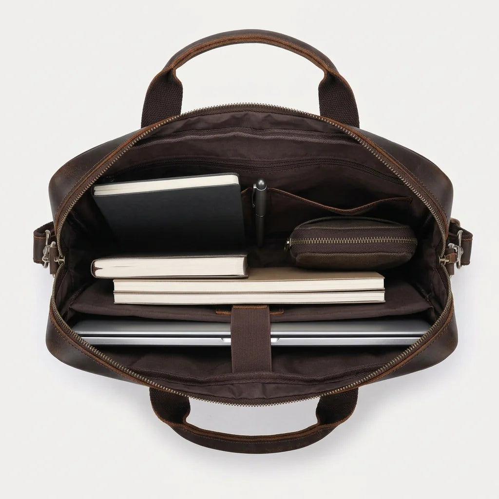 Men’s Leather Computer Briefcase — open from above with laptop, notebooks and pouch inside