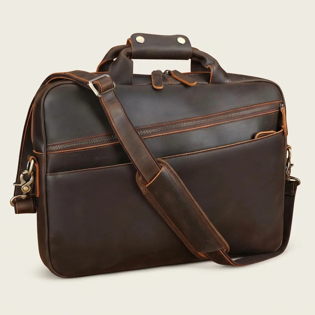 Men’s Leather Computer Briefcase — three-quarter view with shoulder strap across the front