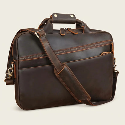 Men’s Leather Computer Briefcase — three-quarter view with shoulder strap across the front