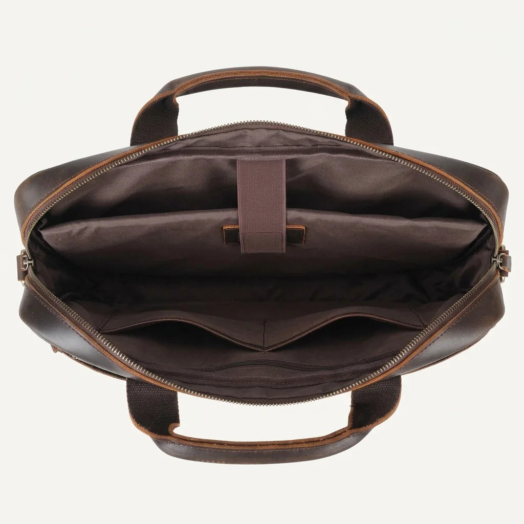 Men’s Leather Computer Briefcase — open from above, empty main compartment