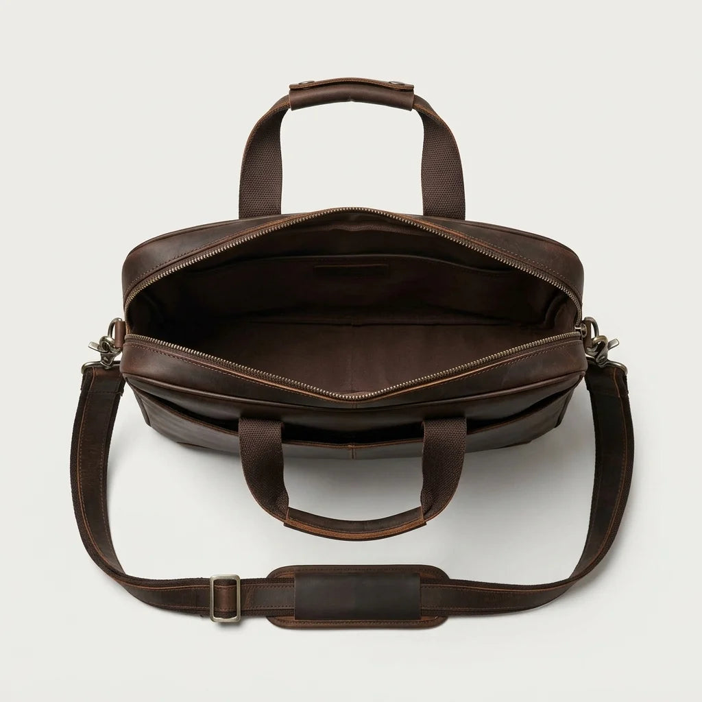Men's Crazy Horse Leather Slim Laptop Briefcase — open from above, empty interior